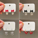 S925 Silver Needle Red Bow Snowflake Stud Earrings Retro Earrings Women