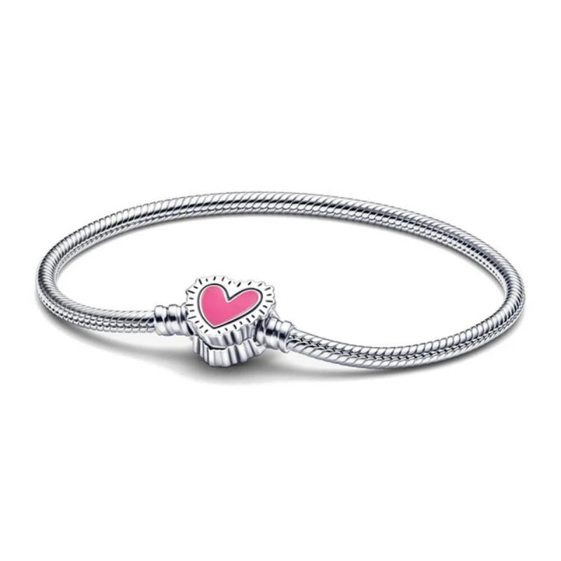 Silver Charms Pink Heart Bracelet Gift For Women Engagement Jewelry