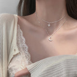 Silver Double Layer Star Moon Necklace Women Clavicle Chain