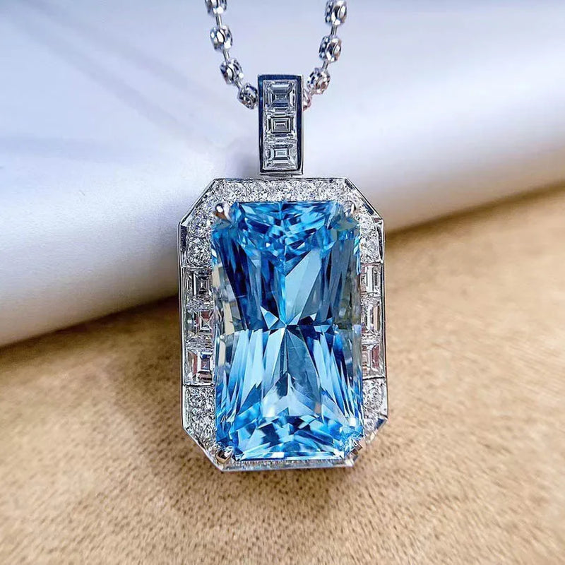 Emerald Cut Aquamarine Pendant Necklace For Women Fine Jewelry