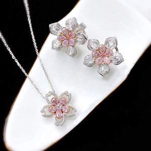 Spring Cherry Flower Silver Earrings Pendant Necklace Pink Jewelry Set