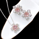 Spring Cherry Flower Silver Earrings Pendant Necklace Pink Jewelry Set