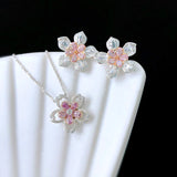 Spring Cherry Flower Silver Earrings Pendant Necklace Pink Jewelry Set