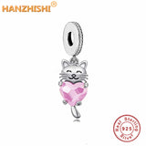 925 Silver Pink CZ Heart Cat Dangle Charm Bead for Jewelry Gift
