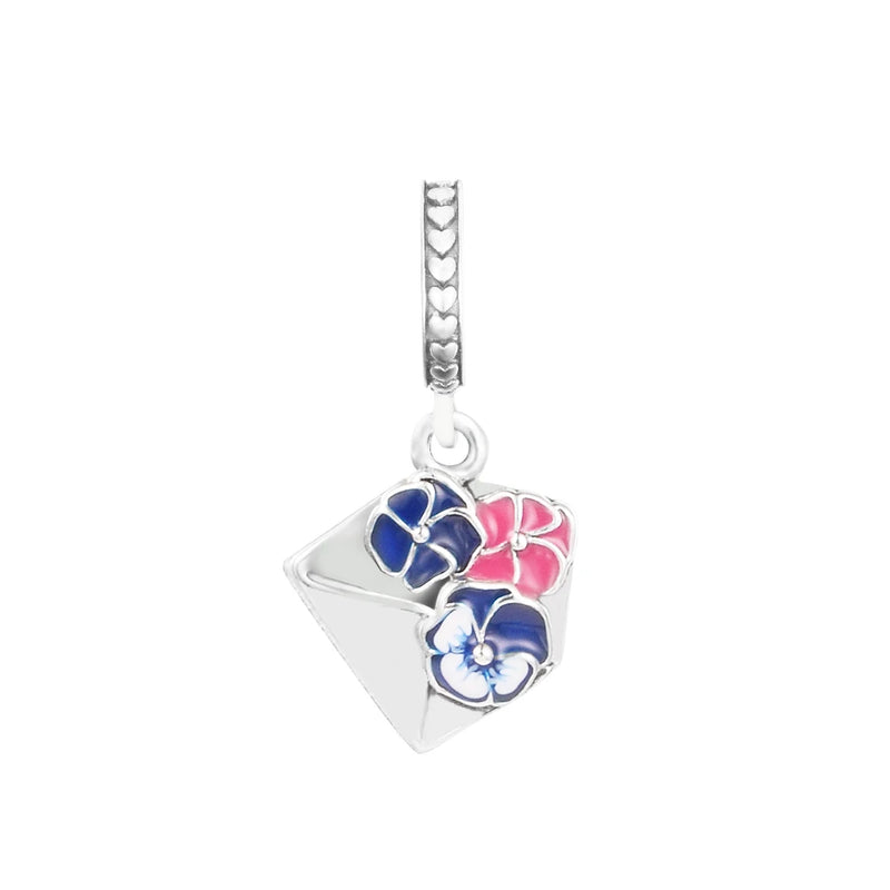 925 Silver Pansy Flower Envelope Dangle Charm for Bracelet DIY Beads