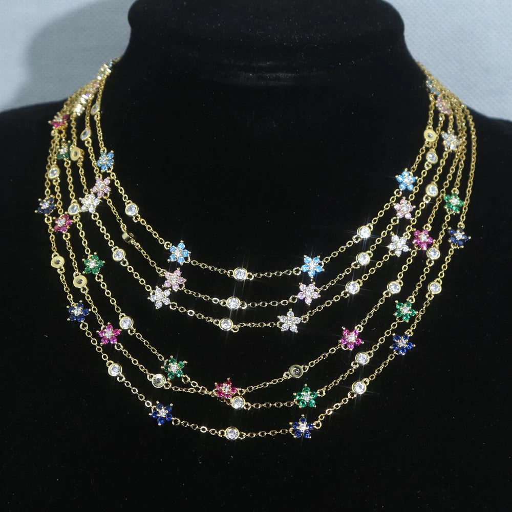 Colorful CZ Stone Flower Charm Necklace For Women
