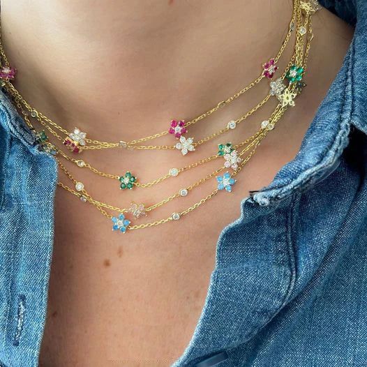 Colorful CZ Stone Flower Charm Necklace For Women