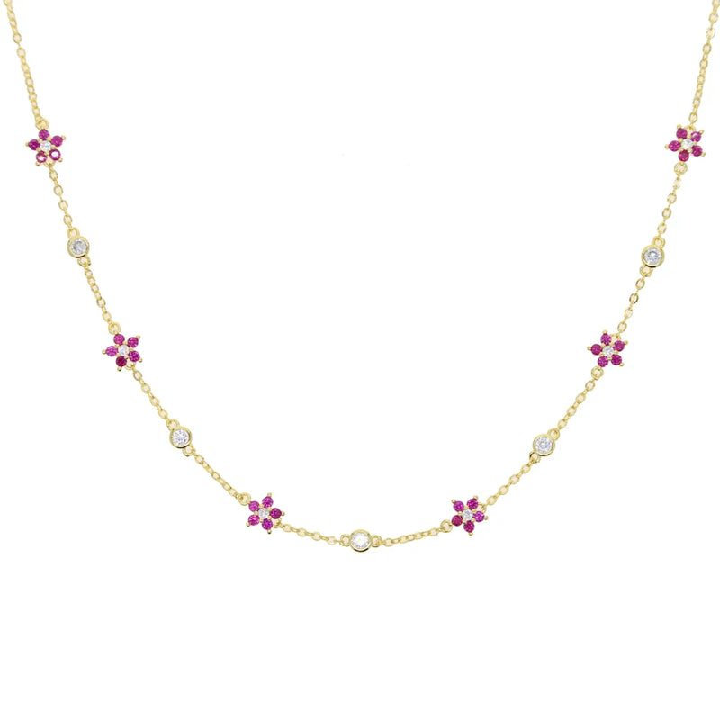 Colorful CZ Stone Flower Charm Necklace For Women