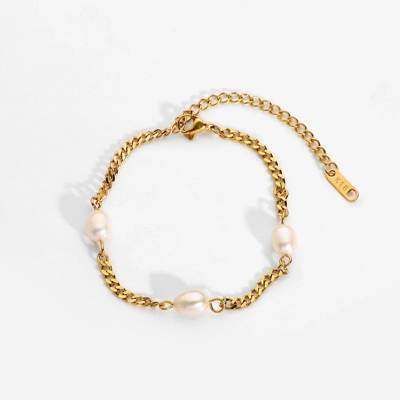 Cuban Chain Pearl Bracelet Stainless Steel Plated