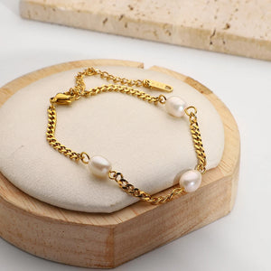 Cuban Chain Pearl Bracelet Stainless Steel Plated
