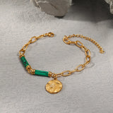 Metal Texture 18K Bracelet Green Stone Bangle