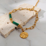 Metal Texture 18K Bracelet Green Stone Bangle