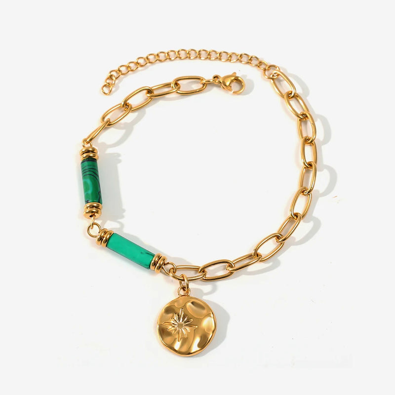 Metal Texture 18K Bracelet Green Stone Bangle