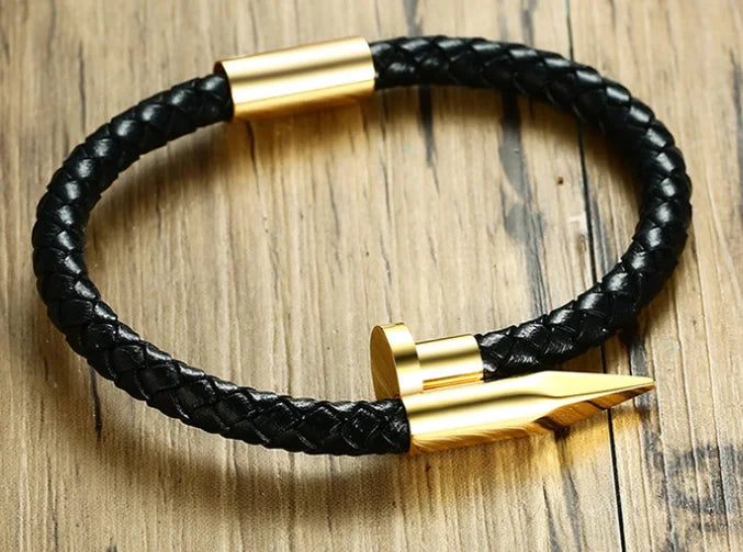 Stainless Steel Nail Leather Men's Bracelet Magnetic Buckle
