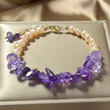 Natural Amethyst Stone Bead Bracelet with Freshwater Pearl Pendant