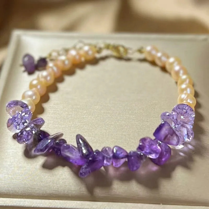 Natural Amethyst Stone Bead Bracelet with Freshwater Pearl Pendant