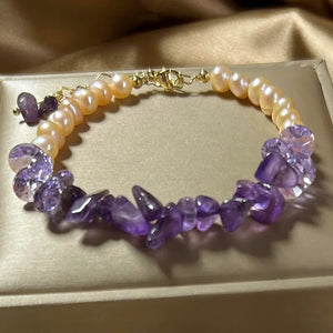 Natural Amethyst Stone Bead Bracelet with Freshwater Pearl Pendant