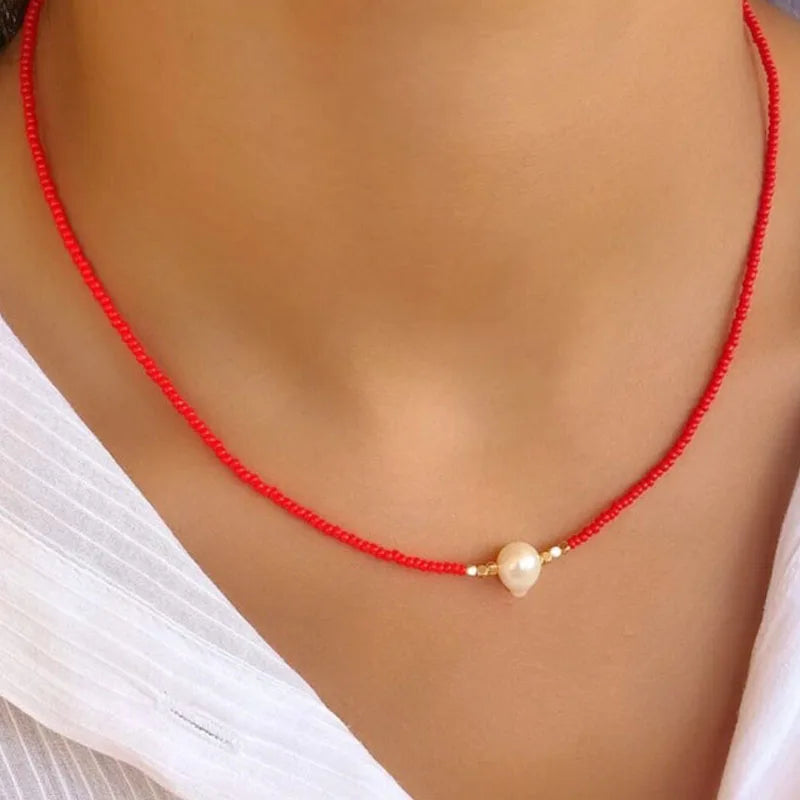 Summer Beaded Necklace Freshwater Pearl Pendant Choker Women Fashion Jewelry