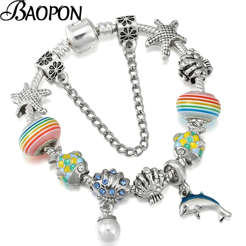 Vintage Charm Bracelet Shell Dolphin Beads Jewelry Gift