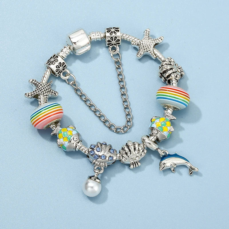 Vintage Charm Bracelet Shell Dolphin Beads Jewelry Gift