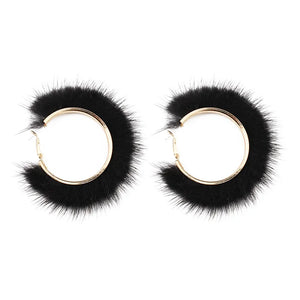 Autumn Winter Mink Fur Hoop Earrings for Women Statement Jewelry