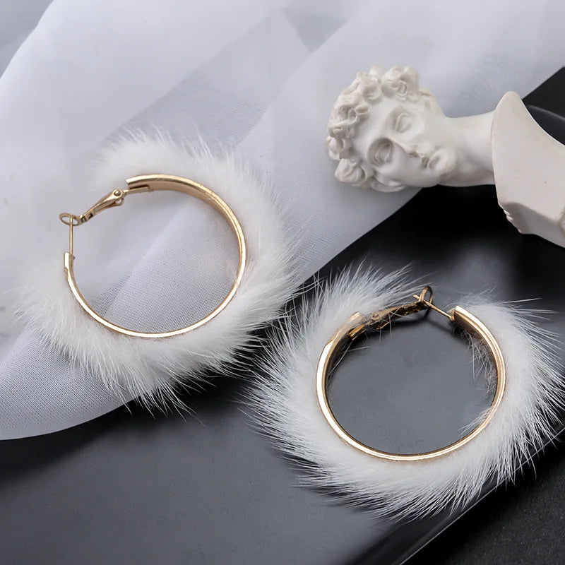 Autumn Winter Mink Fur Hoop Earrings for Women Statement Jewelry