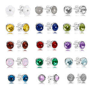 S925 Silver Women's Earrings w/ Gemstone Round