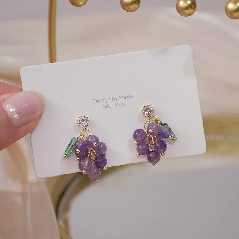 Korea Purple Grape Crystal Stud Earrings For Women Weddings