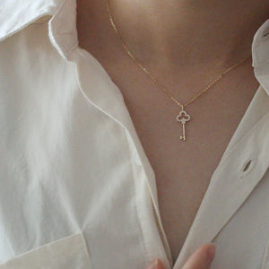 925 Sterling Silver Key Drop Necklace Zircon 14K Charm Wedding Gift