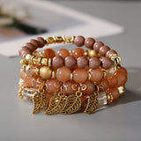 Boho Women Charm Bracelets Leaf Tassel Beaded Ethnic Wrap Pulseras Set