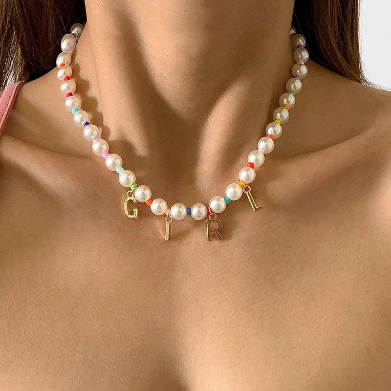 Colorful Beads Initial Choker Stainless Steel Necklace