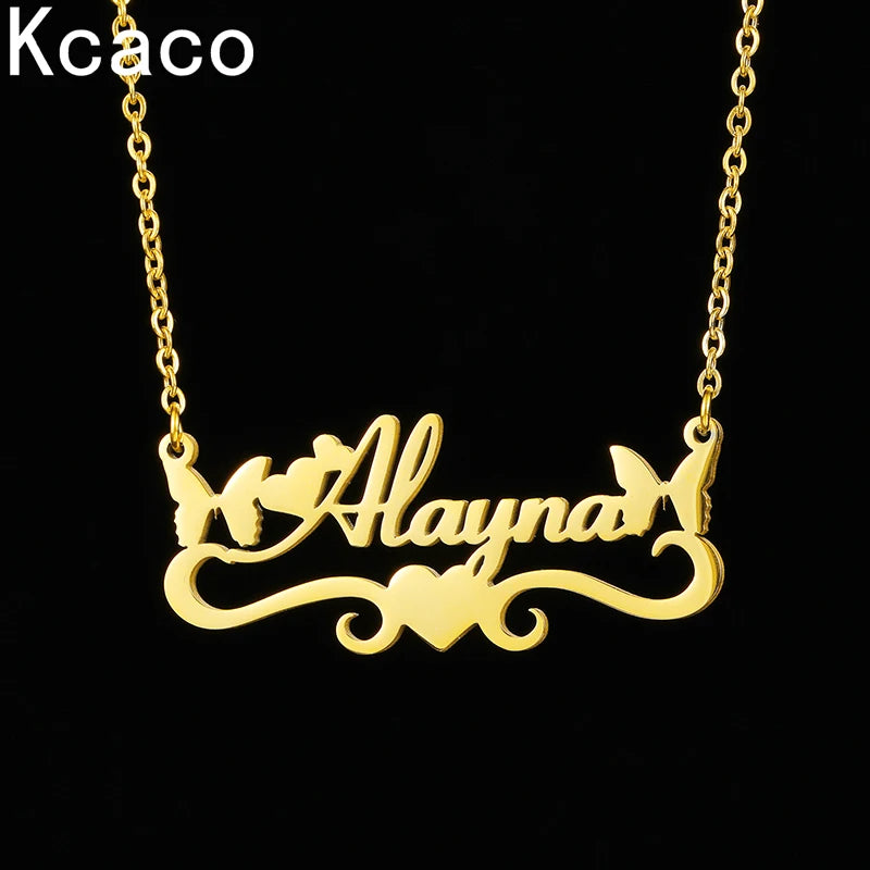Name Heart Necklace Stainless Steel Personalized Name Butterfly Pendant