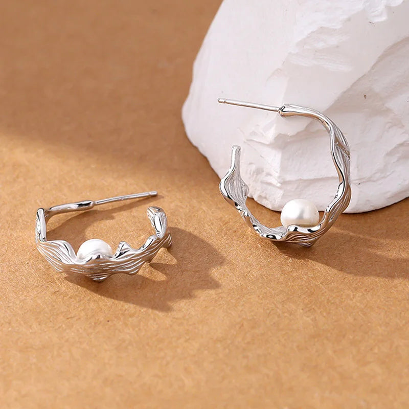 925 Silver Plated Pearl Hoop Earrings Women Drop Stud