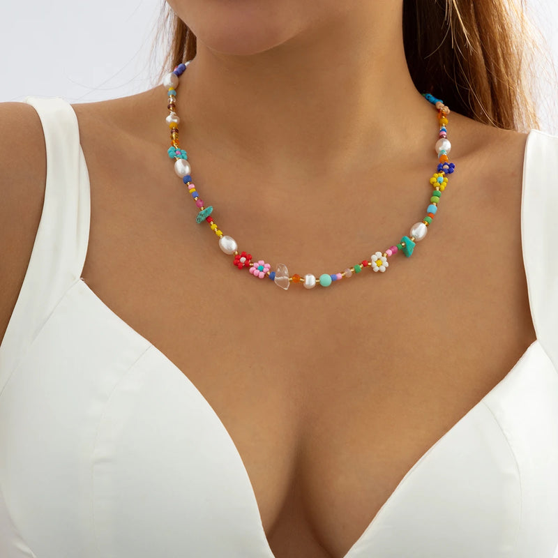 Baroque Simulated Pearls Seed Beads Chain Choker Necklace Flowers Collar