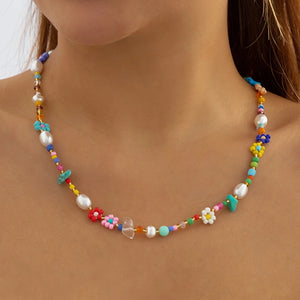 Baroque Simulated Pearls Seed Beads Chain Choker Necklace Flowers Collar
