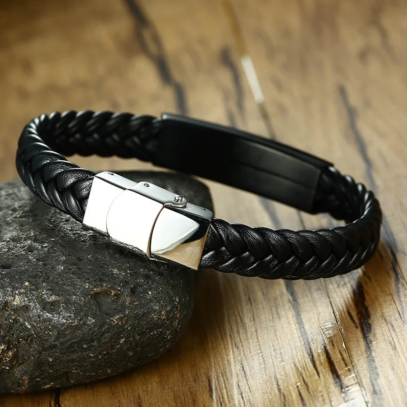 Men's Stainless Steel Leather Rhinestone Bangle Personalized Bracelet