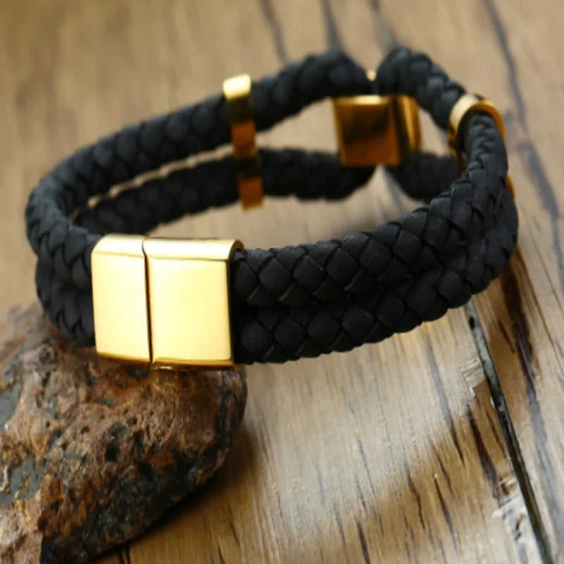 Double-layer Leather Logo Bracelet for Men