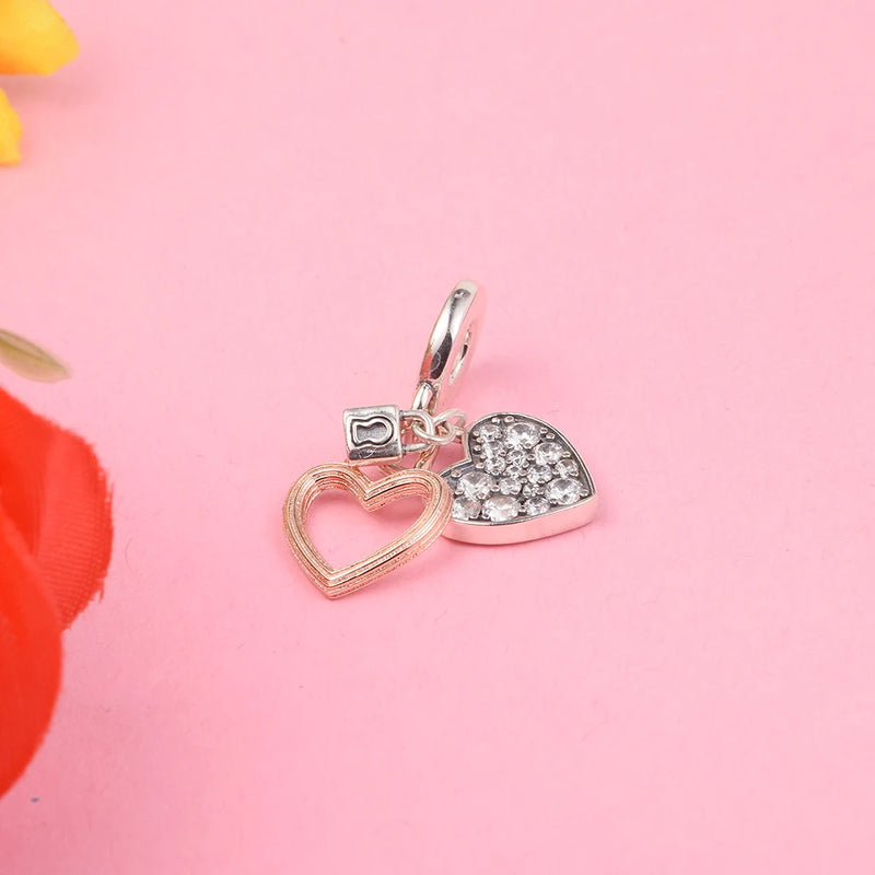 925 Silver Heart Padlock Double Dangle Charm Beads for Jewelry Making