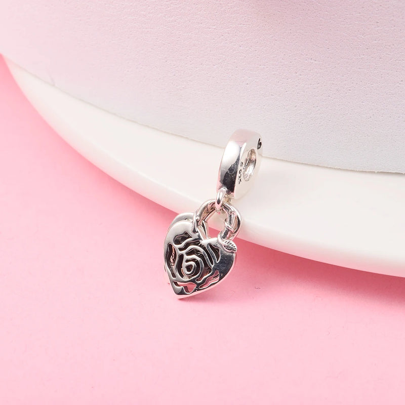 925 Silver Rose Heart Padlock Charm Bead for Jewelry Making