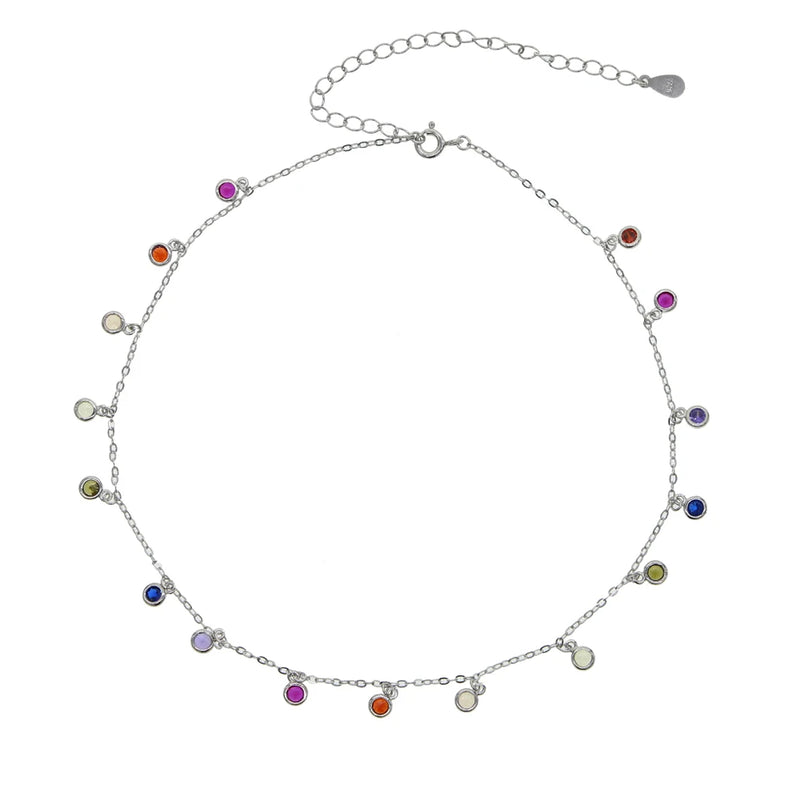 925 Silver Rainbow CZ Colorful Dots Choker Necklace