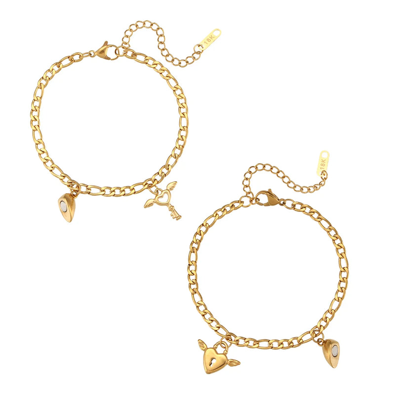 Stainless Steel Magnet Heart Lock Key Chain Couple Bracelets