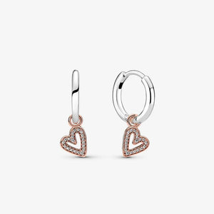 Heart Hoop Earrings 925 Silver Square Round Sparkling Freehand Design