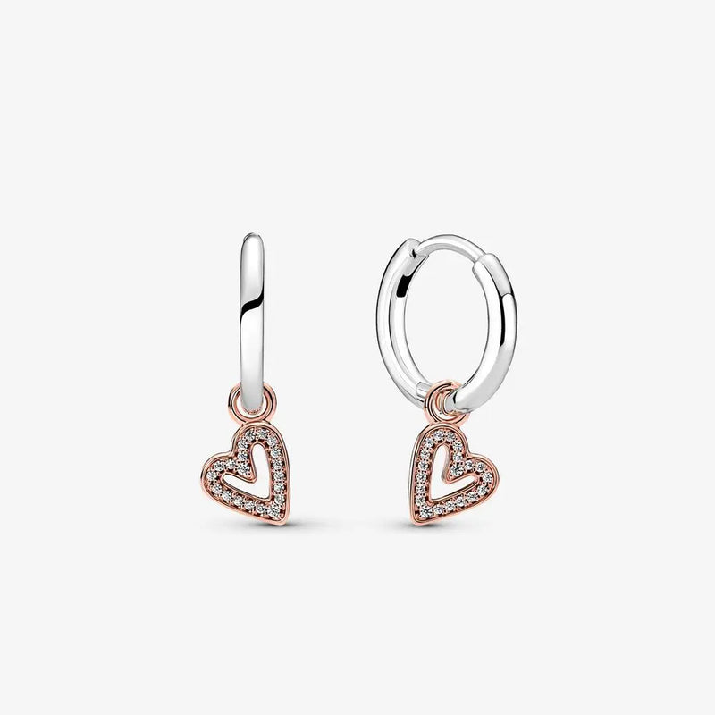 Heart Hoop Earrings 925 Silver Square Round Sparkling Freehand Design