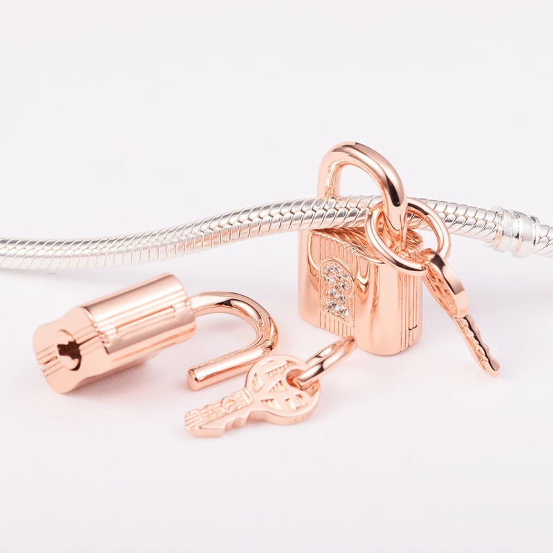 Rose Plated Padlock Key Charm for Europe Bracelets 925 Silver Beads