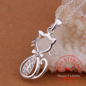 Vintage Crystal Cat Pendant Necklace 925 Sterling Silver