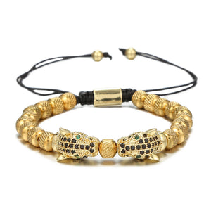 Vintage Leopard Charm Bracelet Men Steel Beaded Braided Macrame Bracelet