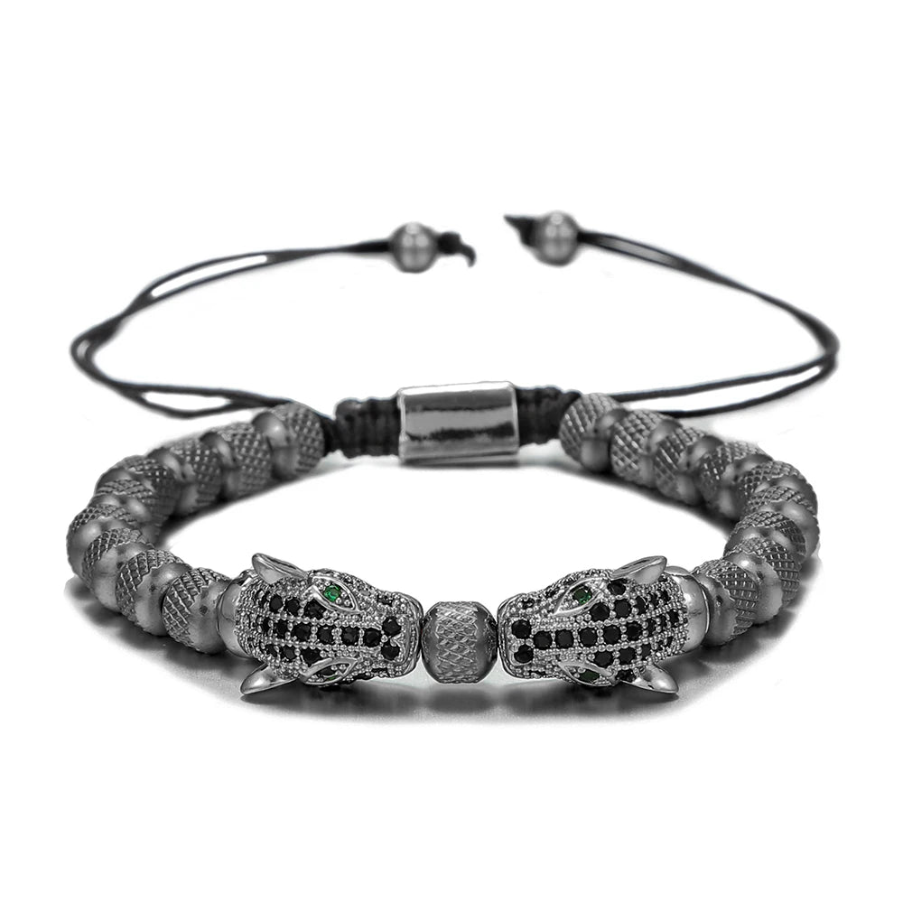 Vintage Leopard Charm Bracelet Men Steel Beaded Braided Macrame Bracelet