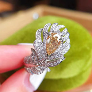 Vintage Yellow Crystal Zircon Feather Wedding Band Ring