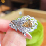 Vintage Yellow Crystal Zircon Feather Wedding Band Ring