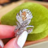 Vintage Yellow Crystal Zircon Feather Wedding Band Ring